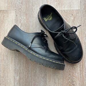 Dr. Martens Black Leather 3-Eye Lace-Up Oxfords with Yellow Stitching